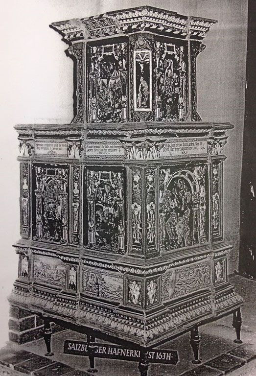 Hans Kraut, Kachelofen, Villingen, vor 1600 Hafnerkeramik, glasiert und reliefiert, © MAK